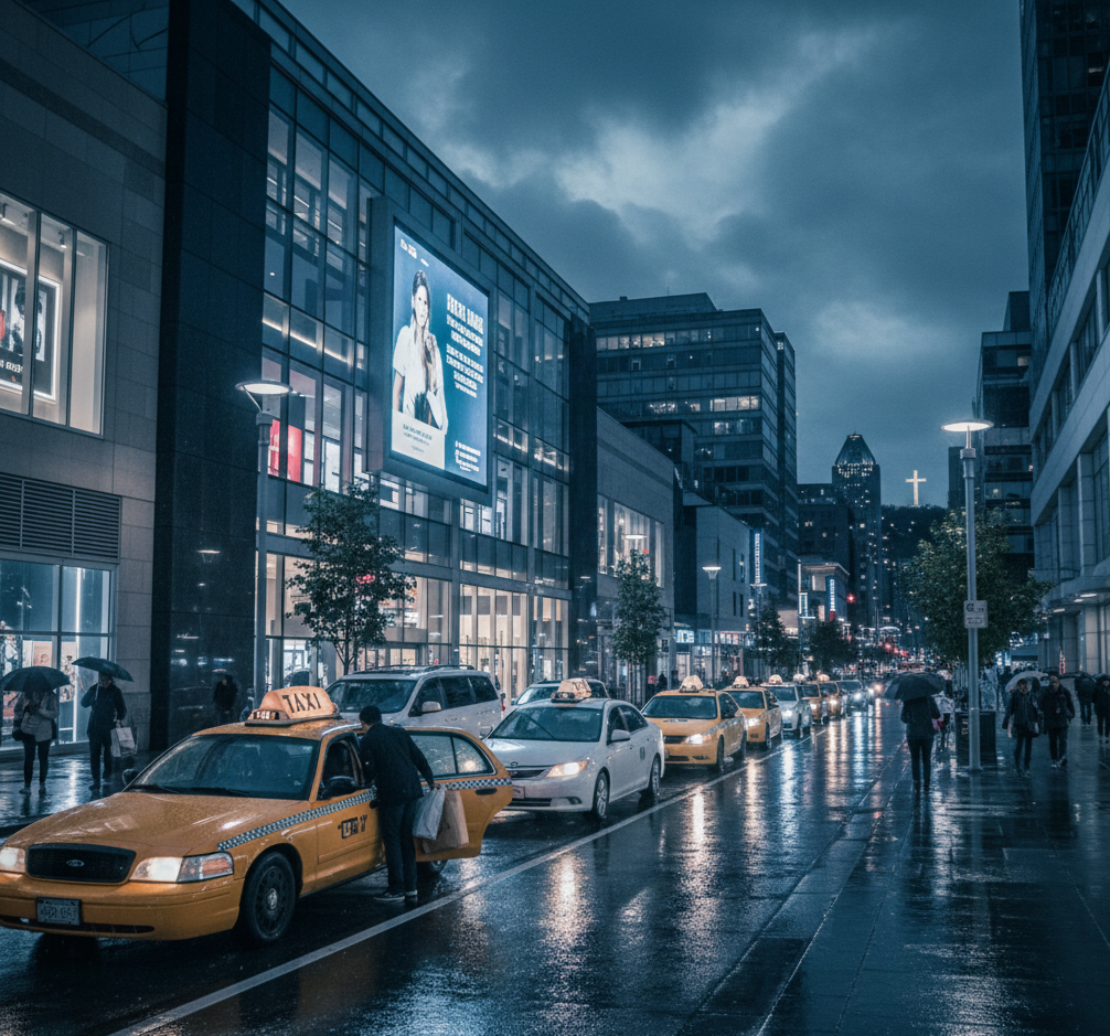 Taxis alignés en ville par temps de pluie en soirée